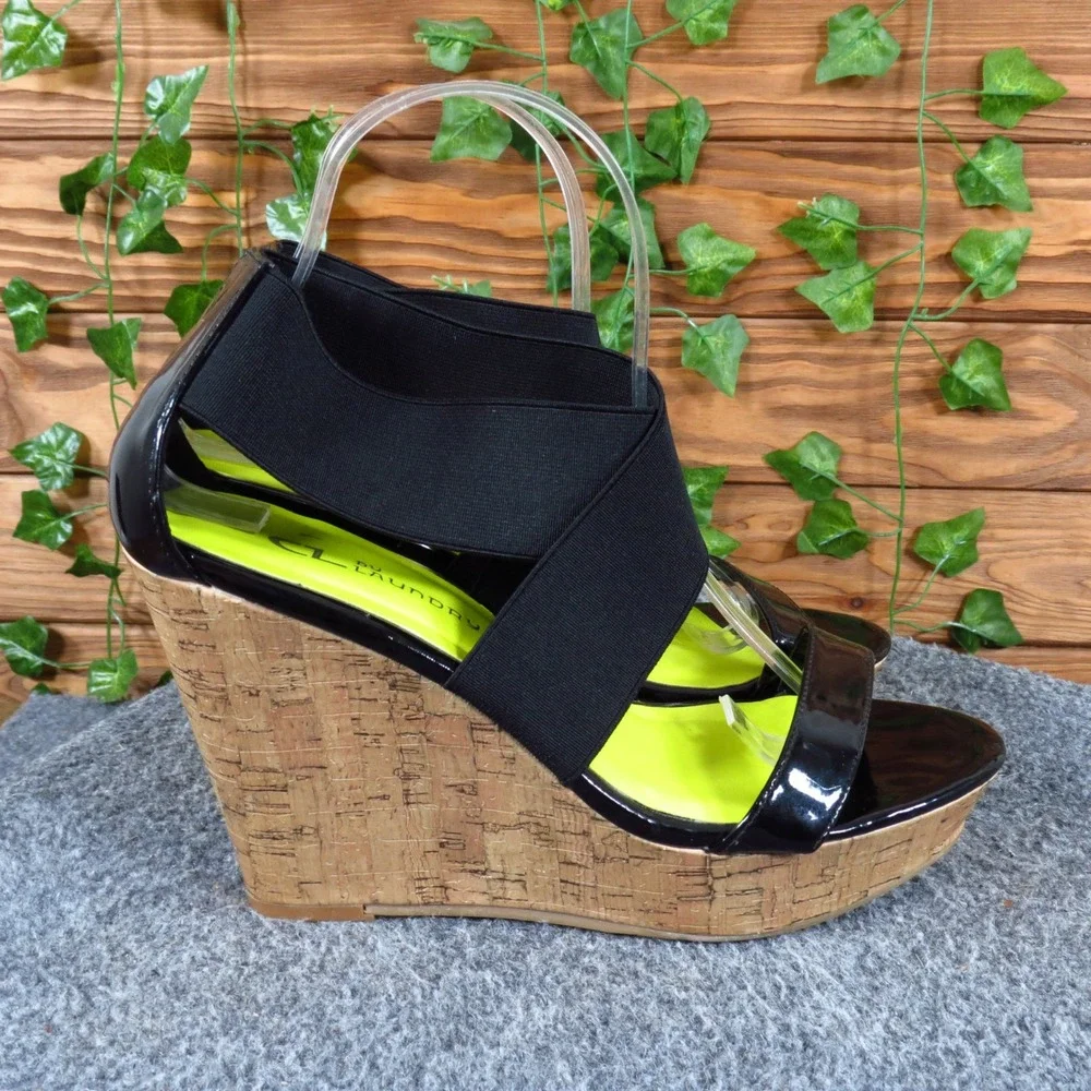 CL by Chinese Laundry Idelle Womens Wedge Sandal 8.5 Summer Black Cork Neon